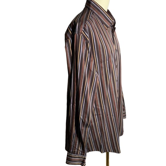 Bugatchi Uomo Button Up Long Sleeve Shirt XXL Brown Striped Flip Cuff Pocket - Picture 5 of 7
